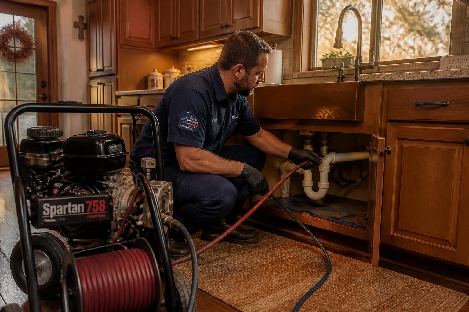 Longview TX drain cleaning technician clearing a kitchen sink line with a drain machine